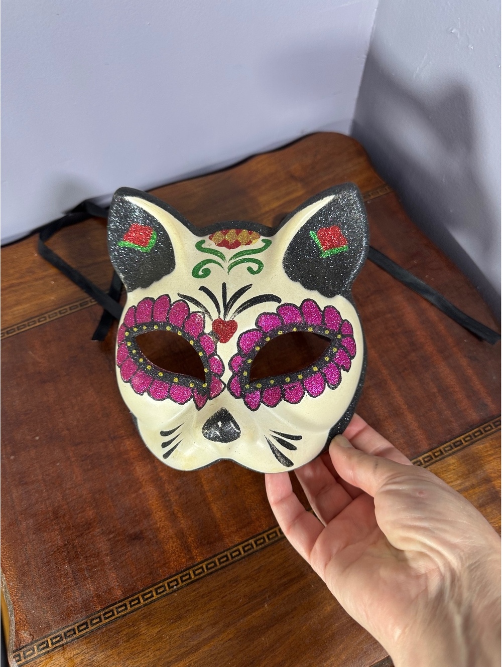 Day of the Dead Sugar Skull Cat Masquerade Mask - Glitter Halloween Eyemask